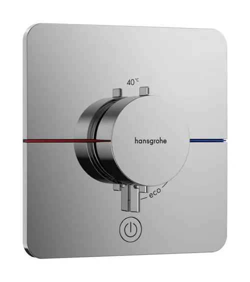 Thermostat aus verchromtem Material mit einem zentralen Regler für die Wassertemperatur, einem Eco-Modus und zwei Abgängen, Marke Hansgrohe.
